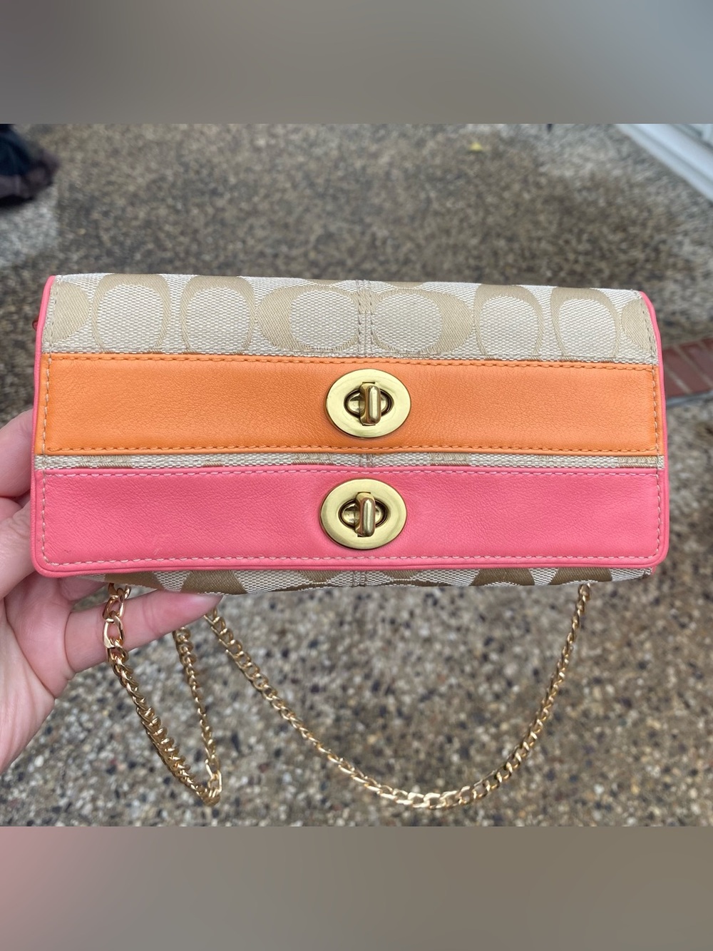 Coach Vintage Signature Envelope  Long Wallet Women’s Beige Pink Orange w/Zipper